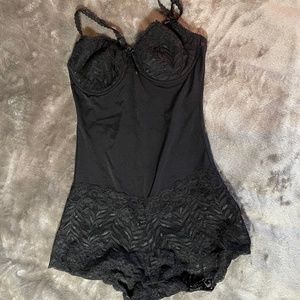 Roselle Black Sheer and hard Lace Body Suit Romper Girdle. M size